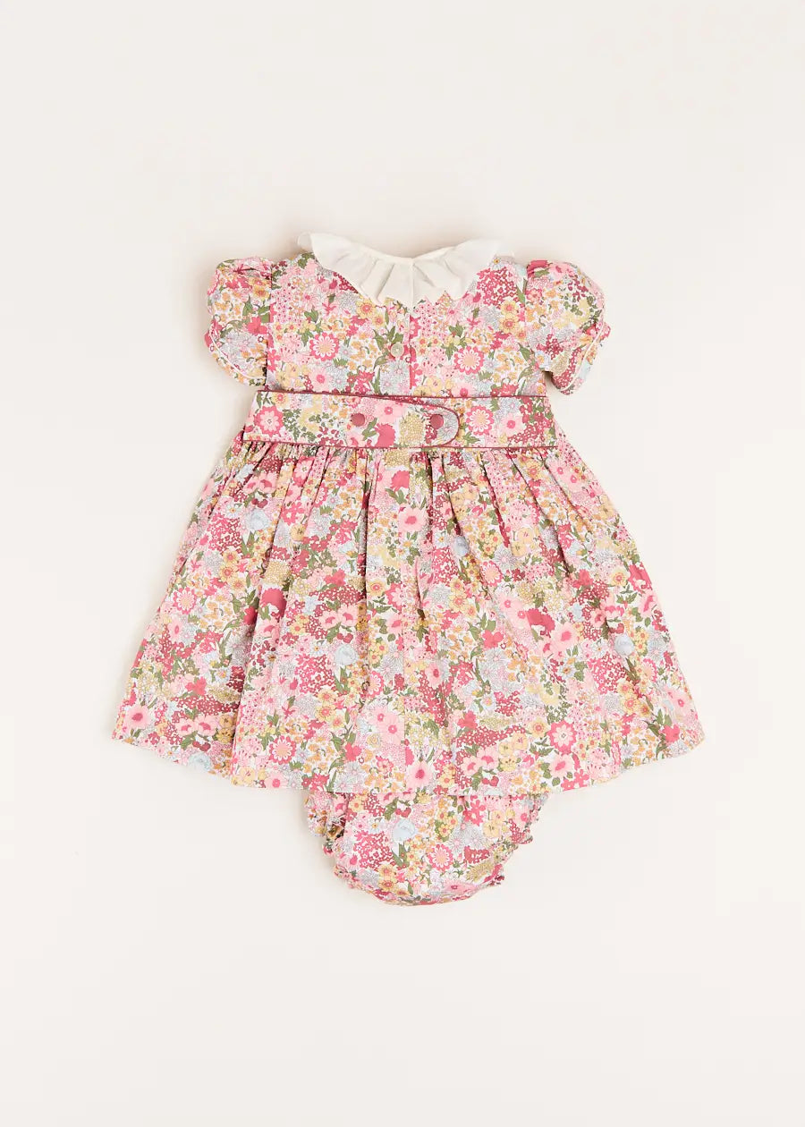 Florence Floral Hand Smocked Short Sleeve Dress with Bloomer in Pink (6mths-3yrs) DRESSES from Pepa London