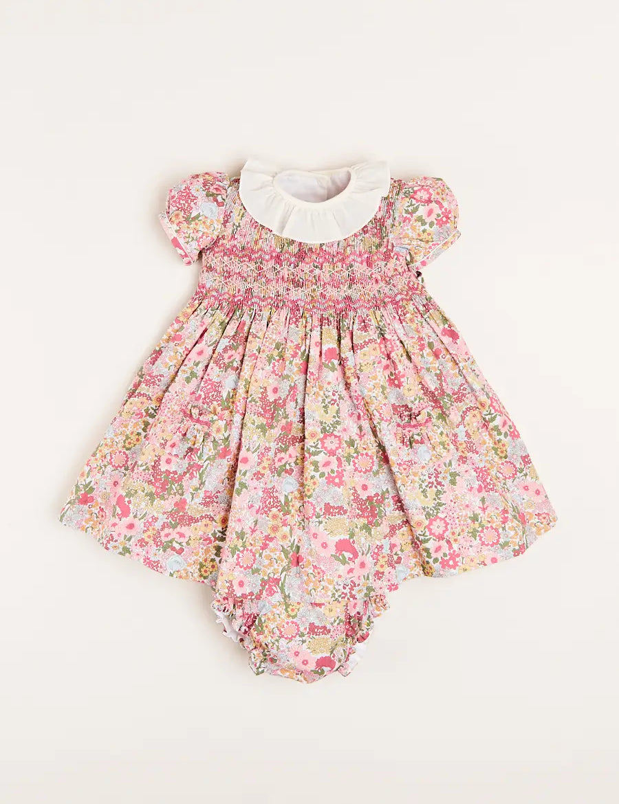 Florence Floral Hand Smocked Short Sleeve Dress with Bloomer in Pink (6mths-3yrs) DRESSES from Pepa London
