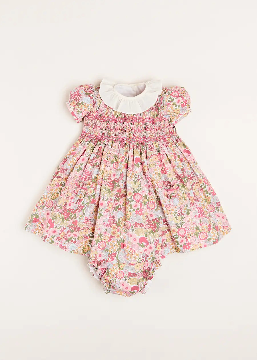 Florence Floral Hand Smocked Short Sleeve Dress with Bloomer in Pink (6mths-3yrs) DRESSES from Pepa London