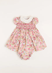 Florence Floral Hand Smocked Short Sleeve Dress with Bloomer in Pink (6mths-3yrs) DRESSES from Pepa London