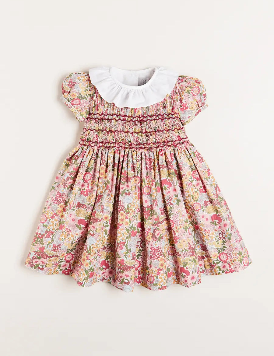 Florence Floral Hand Smocked Short Sleeve Dress in Pink (18mths-10yrs) DRESSES from Pepa London