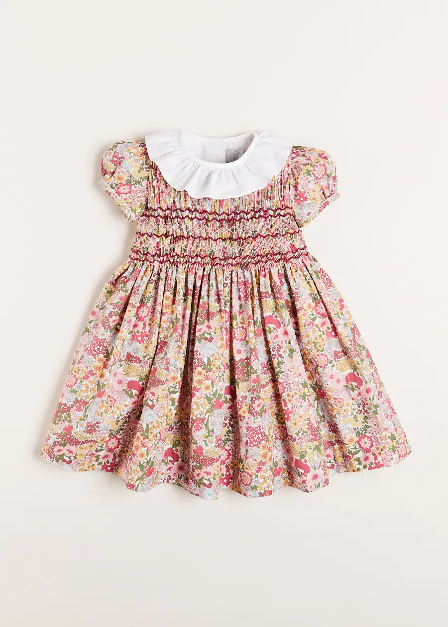 Florence Floral Hand Smocked Short Sleeve Dress in Pink (18mths-10yrs) DRESSES from Pepa London
