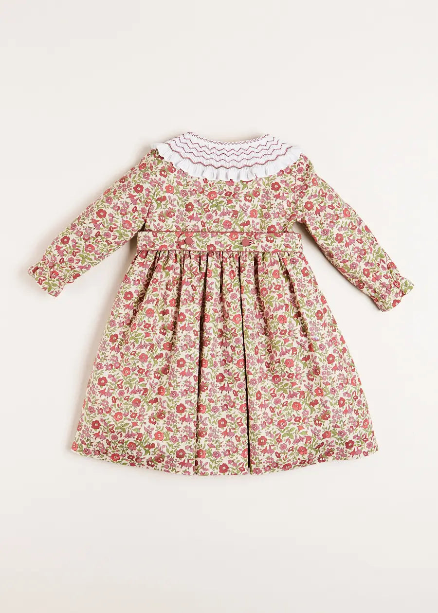 Daphne Floral Hand Smocked Double Breasted Dress in Pink (18mths-10yrs) Dresses  from Pepa London