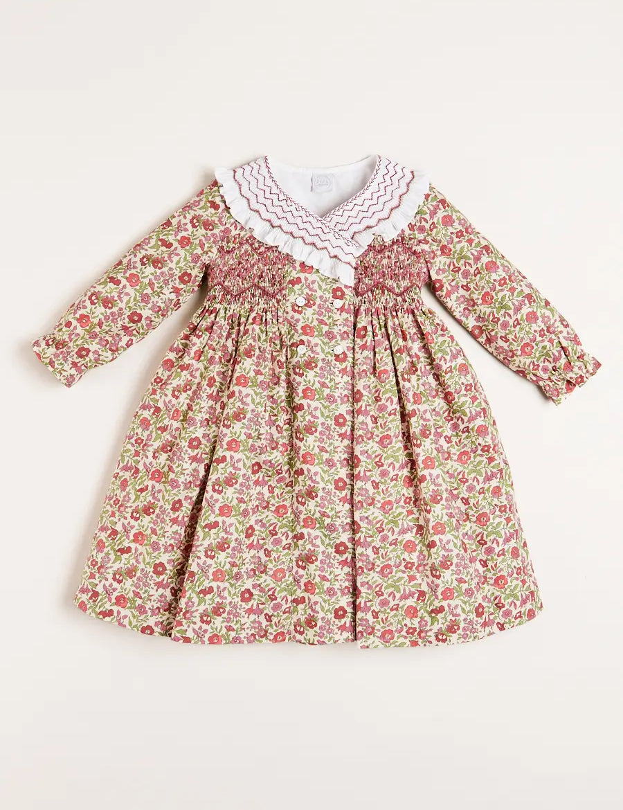 Daphne Floral Hand Smocked Double Breasted Dress in Pink (18mths-10yrs) Dresses  from Pepa London