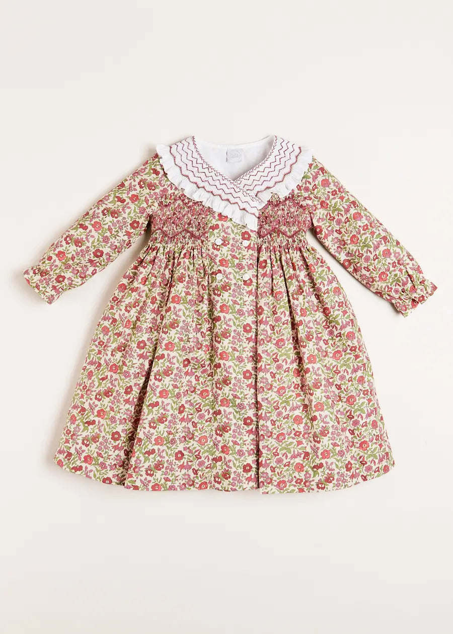 Daphne Floral Hand Smocked Double Breasted Dress in Pink (18mths-10yrs) Dresses  from Pepa London