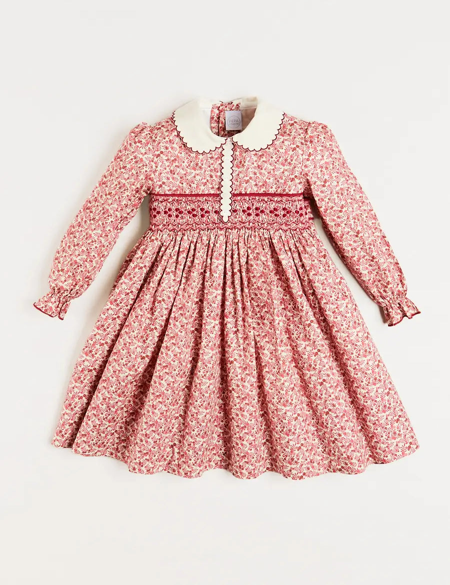 Evelyn Floral Hand Smocked Long Sleeve Dress in Pink (12mths-6yrs) Dresses  from Pepa London