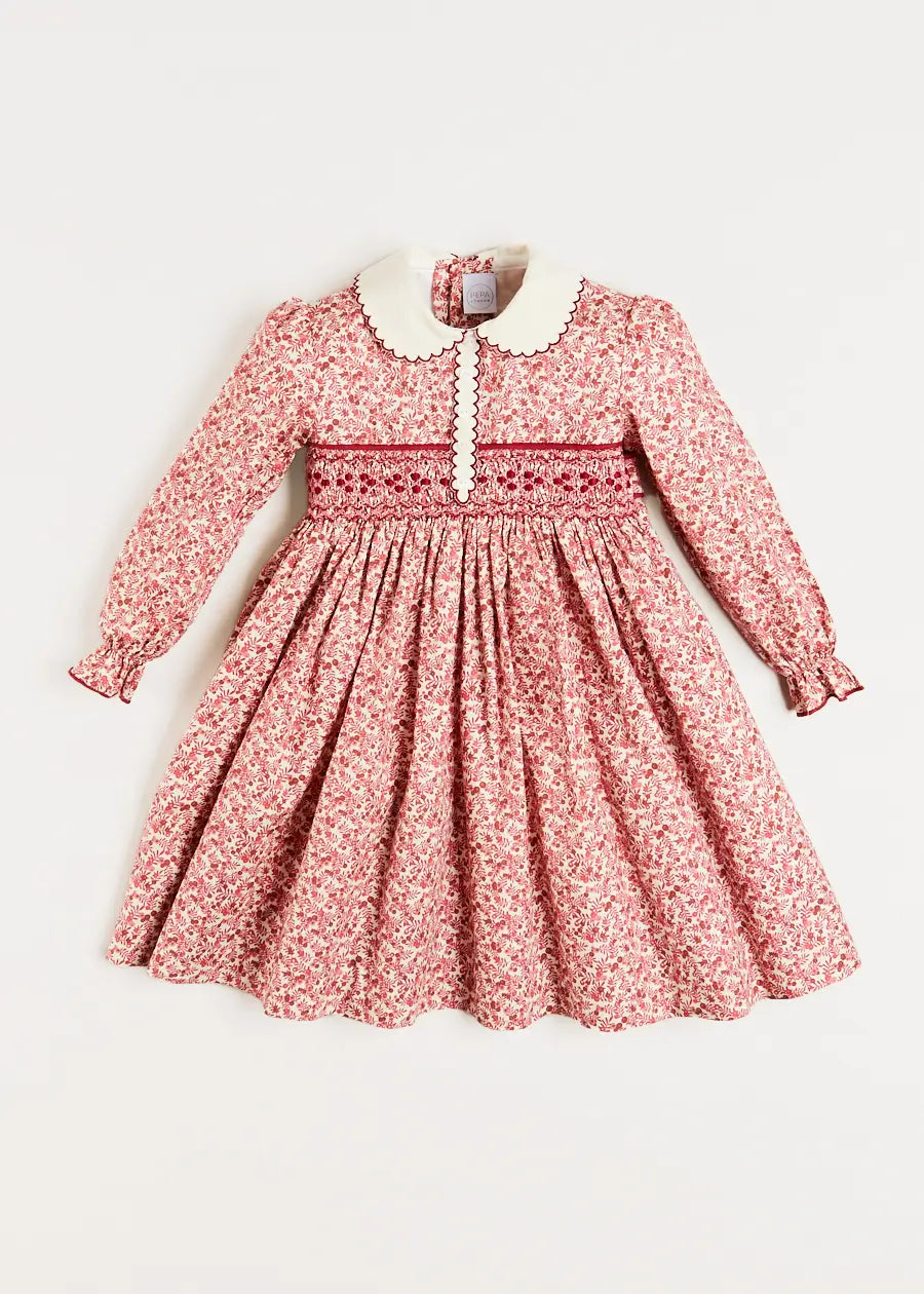 Evelyn Floral Hand Smocked Long Sleeve Dress in Pink (12mths-6yrs) Dresses  from Pepa London