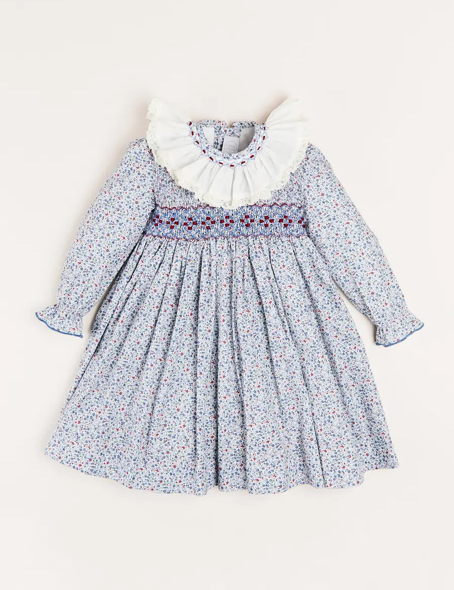 Penelope Floral Hand Smocked Long Sleeve Dress in Navy (12mths-10yrs) Dresses  from Pepa London