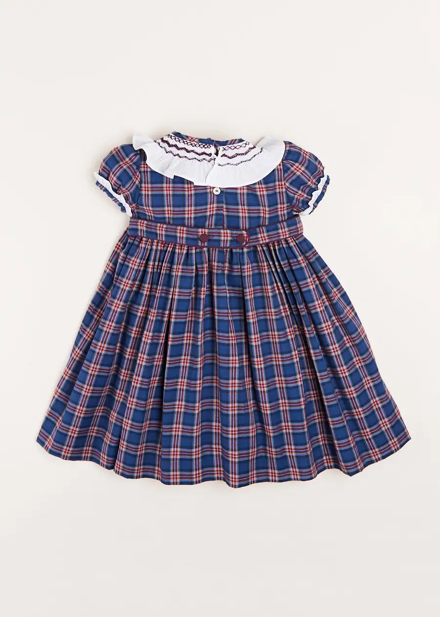 Eaton Checked Hand Smocked Short Sleeve Dress in Navy (12mths-10yrs) Dresses  from Pepa London