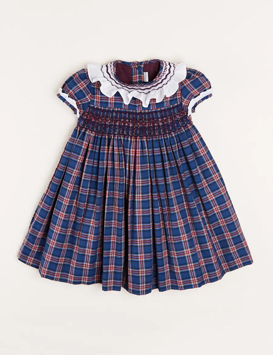 Eaton Checked Hand Smocked Short Sleeve Dress in Navy (12mths-10yrs) Dresses  from Pepa London