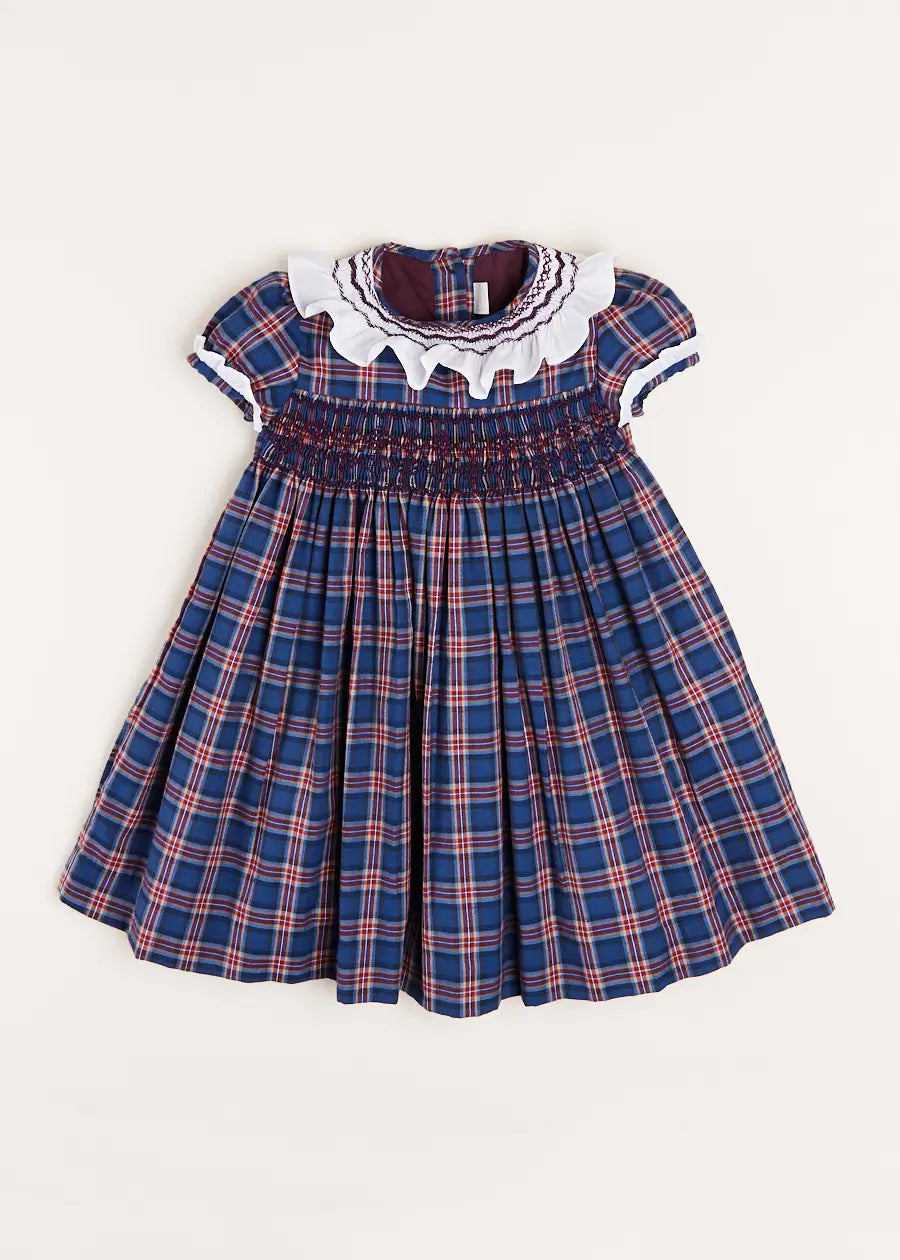 Eaton Checked Hand Smocked Short Sleeve Dress in Navy (12mths-10yrs) Dresses  from Pepa London