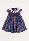 Eaton Checked Handsmocked Short Sleeve Dress in Navy (12mths-10yrs) Dresses  from Pepa London