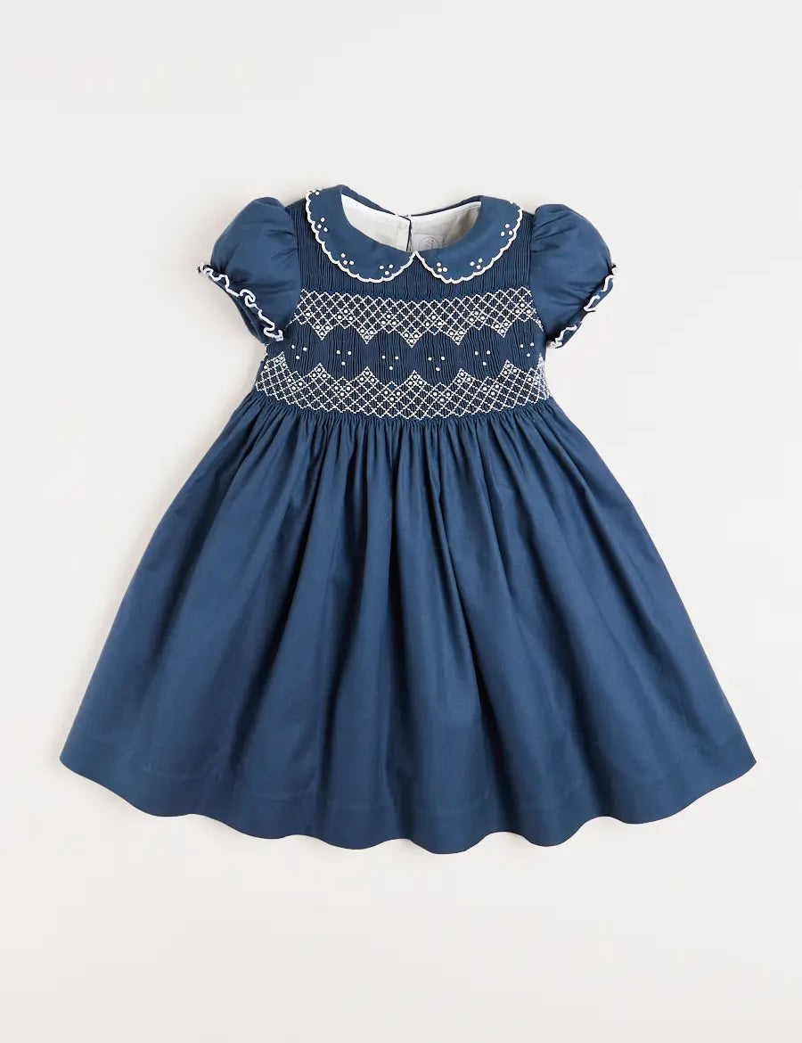Hand Smocked Shortsleeve Dress in Royal Blue (12mths-10yrs) Dresses  from Pepa London