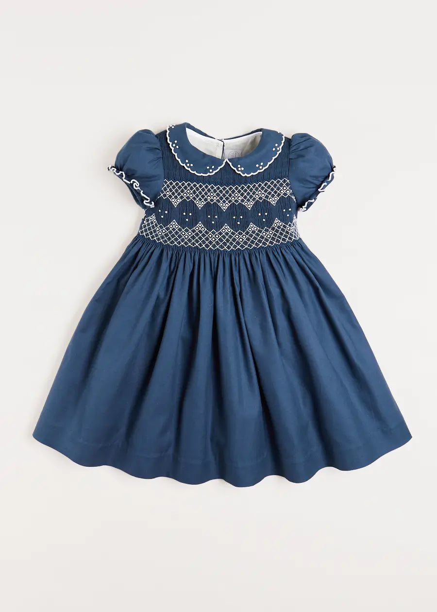 Hand Smocked Short Sleeve Dress in French Blue Pepa London Hand Smocked Short Sleeve Dress in French Blue Pepa London