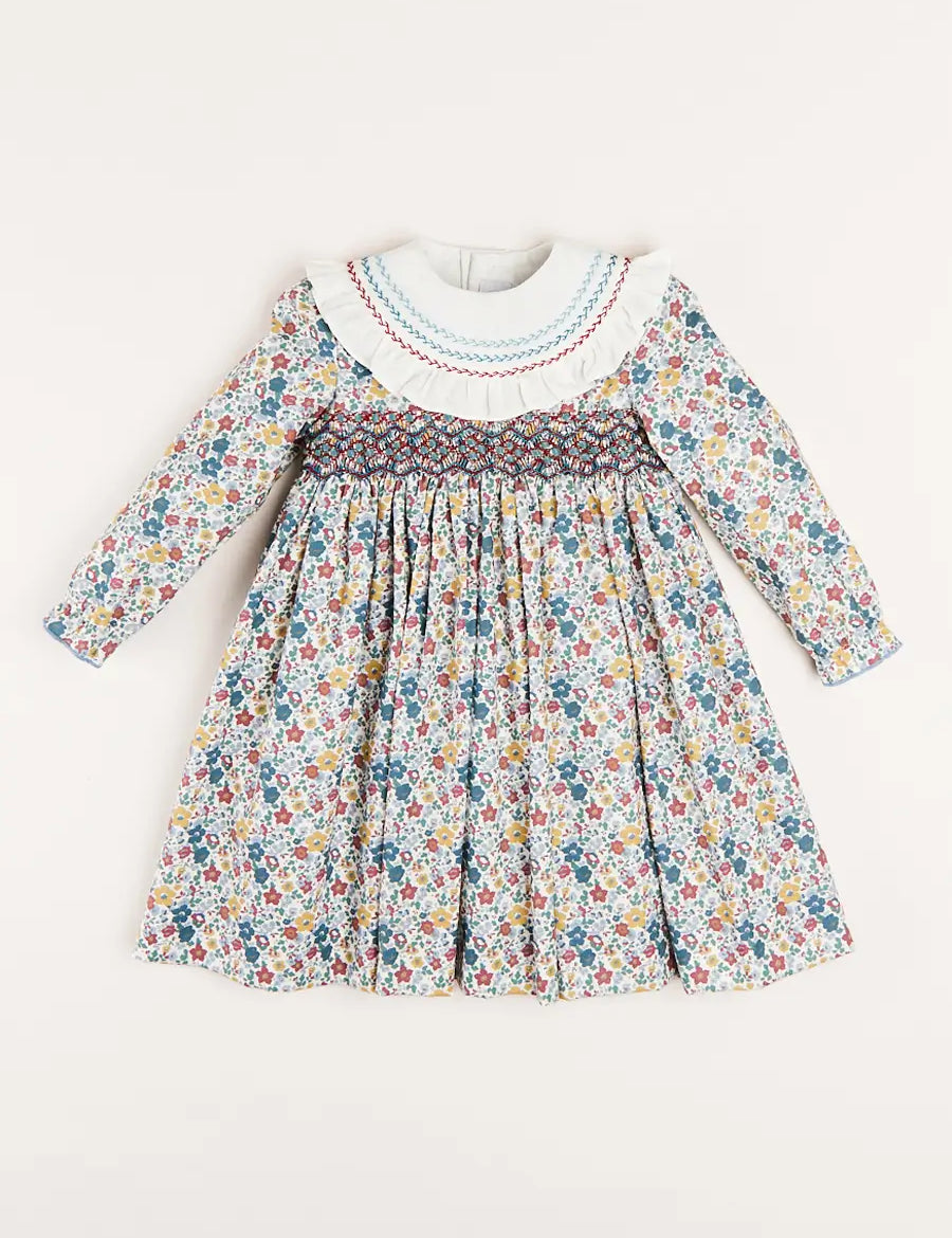 Emilia Floral Hand Smocked Long Sleeve Dress in Burgundy (12mths-10yrs) Dresses  from Pepa London