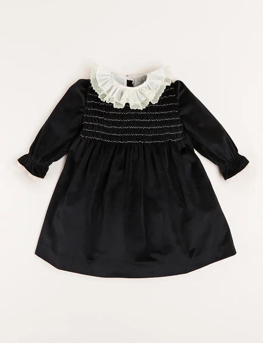 Velvet Smocked Lace Collar Long Sleeve Dress in Black (2-10yrs) Dresses  from Pepa London