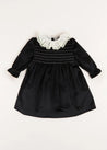 Velvet Smocked Lace Collar Long Sleeve Dress in Black (2-10yrs) Dresses  from Pepa London