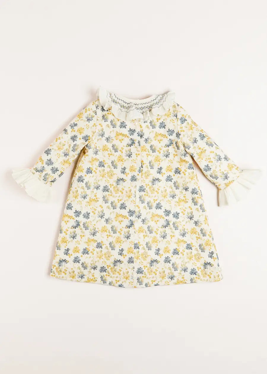 Eliza Floral Hand Smocked Long Sleeve Dress in Beige (2-10yrs) Dresses from Pepa London