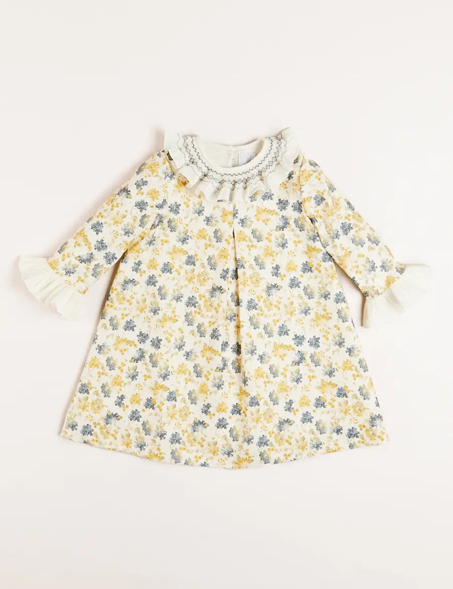 Eliza Floral Hand Smocked Long Sleeve Dress in Beige (2-10yrs) Dresses from Pepa London