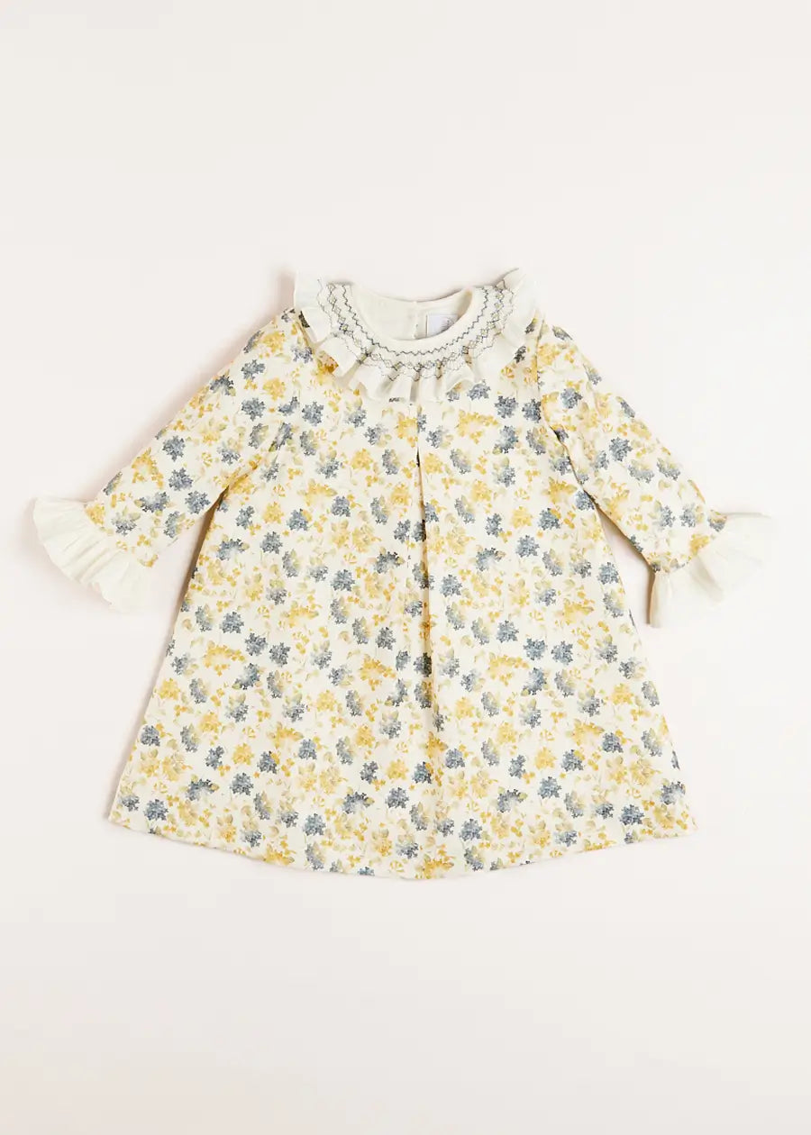 Eliza Floral Hand Smocked Long Sleeve Dress in Beige (2-10yrs) Dresses from Pepa London