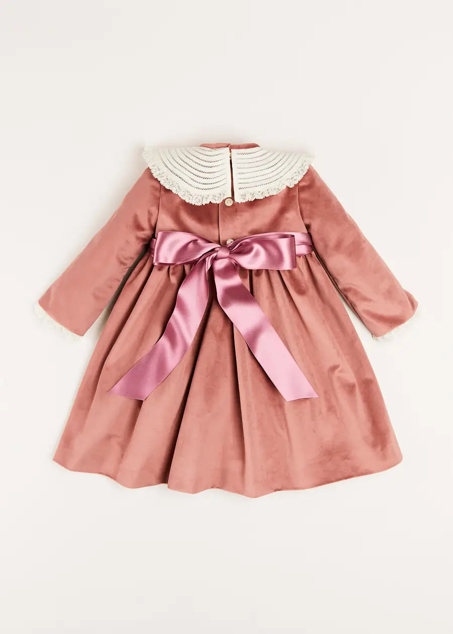 Velvet Handmade Collar Long Sleeve Dress in Pink (2-10yrs) Dresses  from Pepa London