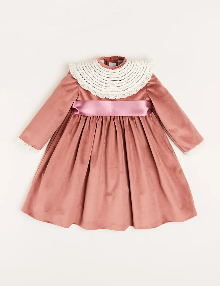 Velvet Handmade Collar Long Sleeve Dress in Pink (2-10yrs) Dresses  from Pepa London