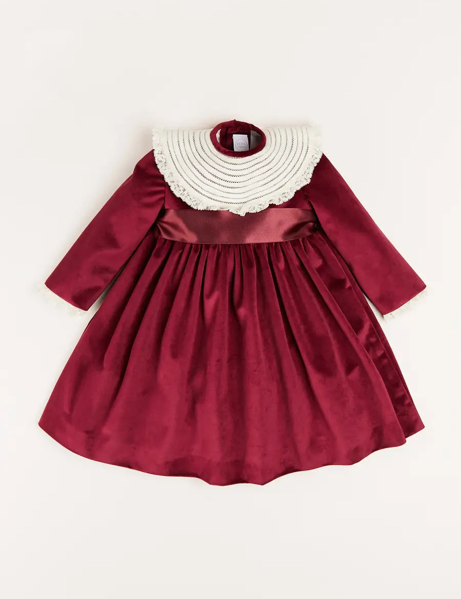 Velvet Handmade Collar Long Sleeve Dress in Burgundy (2-10yrs) Dresses  from Pepa London