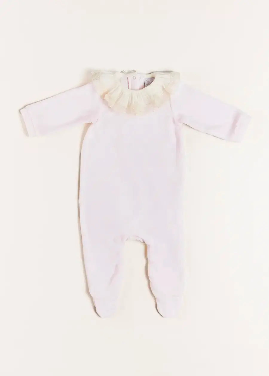 Velour Lace Trim Collar All-In-One in Pink (1mth-12mths) Baby One-Pieces  from Pepa London