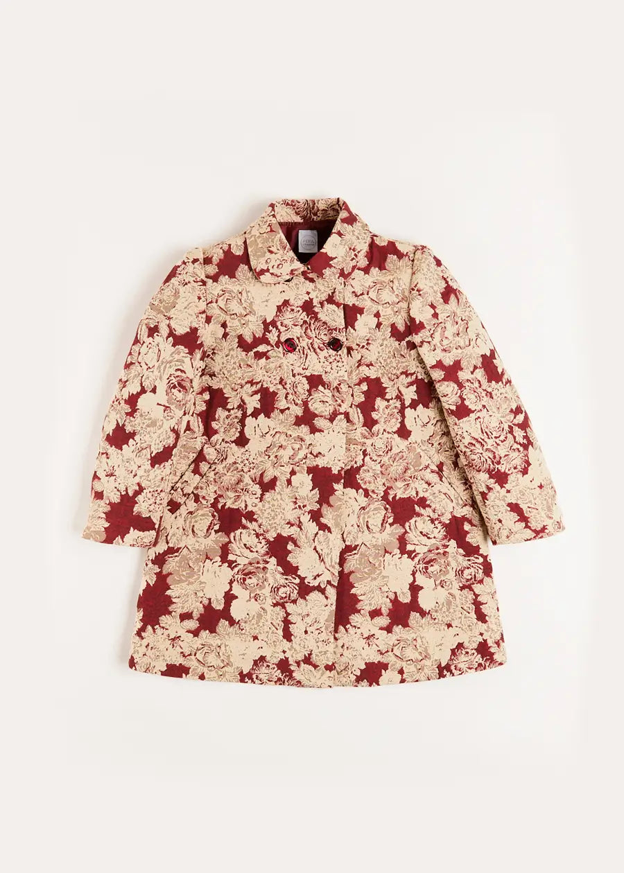 Eleanor Floral Jaquard Coat in Burgundy (4-10yrs) Coats  from Pepa London