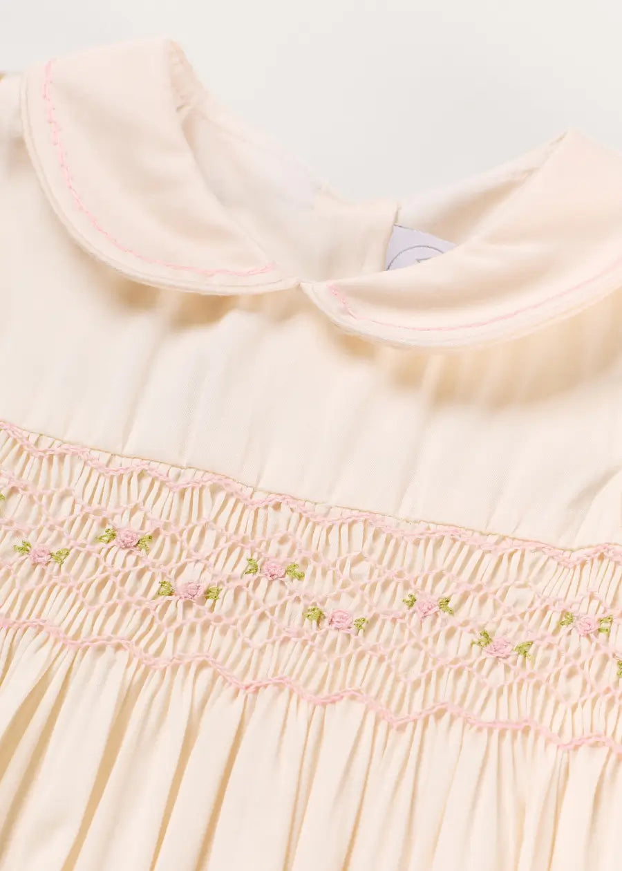 Classic Off-White Pink Hand Smocked Romper (3-18mths) Rompers from Pepa London