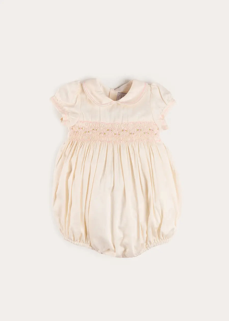 Classic Off-White Pink Hand Smocked Romper (3-18mths) Rompers from Pepa London
