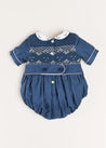 Handsmocked Peter Pan Collar Short Sleeve Romper in Royal Blue (6mths-2yrs) Rompers  from Pepa London