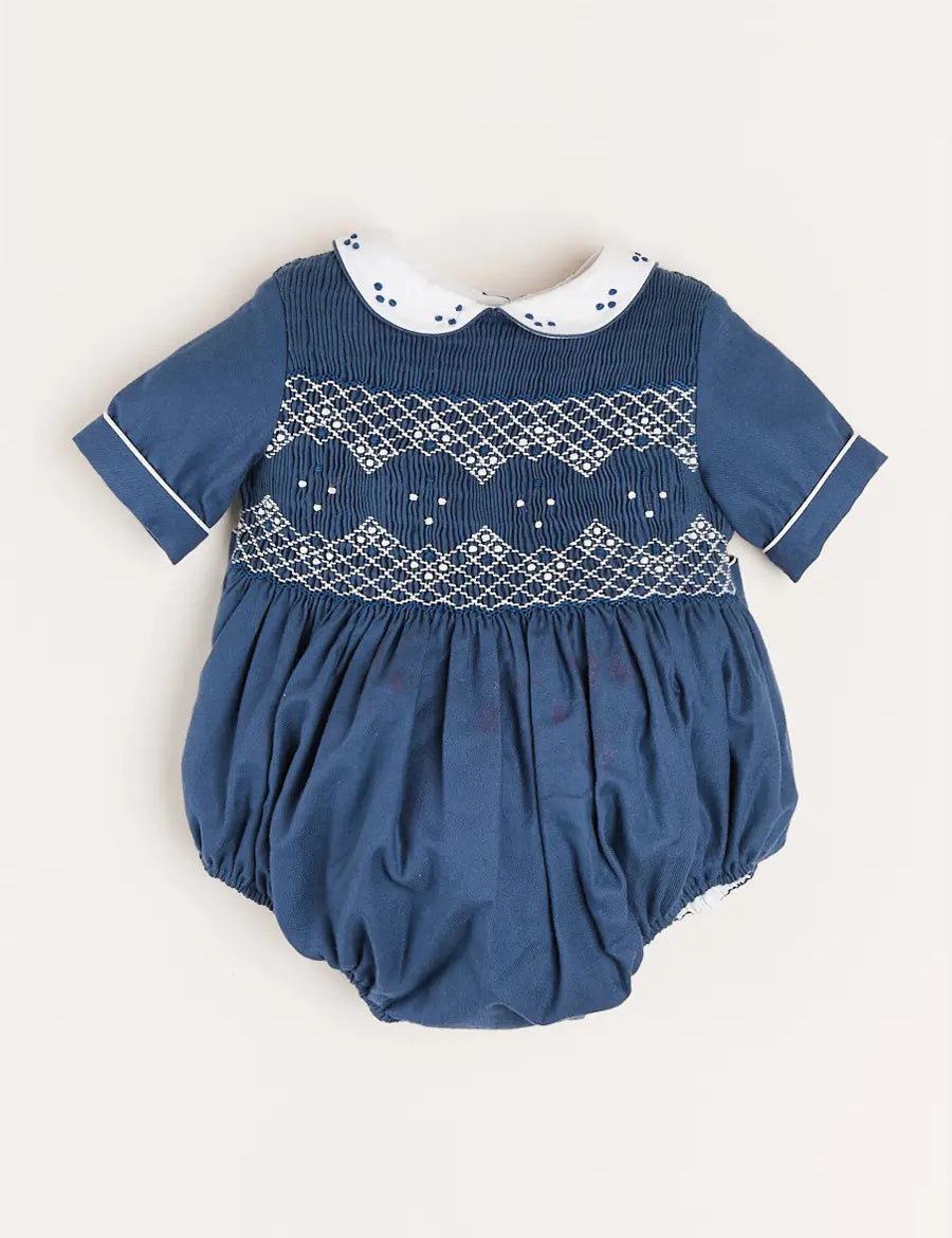 Hand Smocked Peter Pan Collar Short Sleeve Romper in Royal Blue (6mths-2yrs) Rompers  from Pepa London