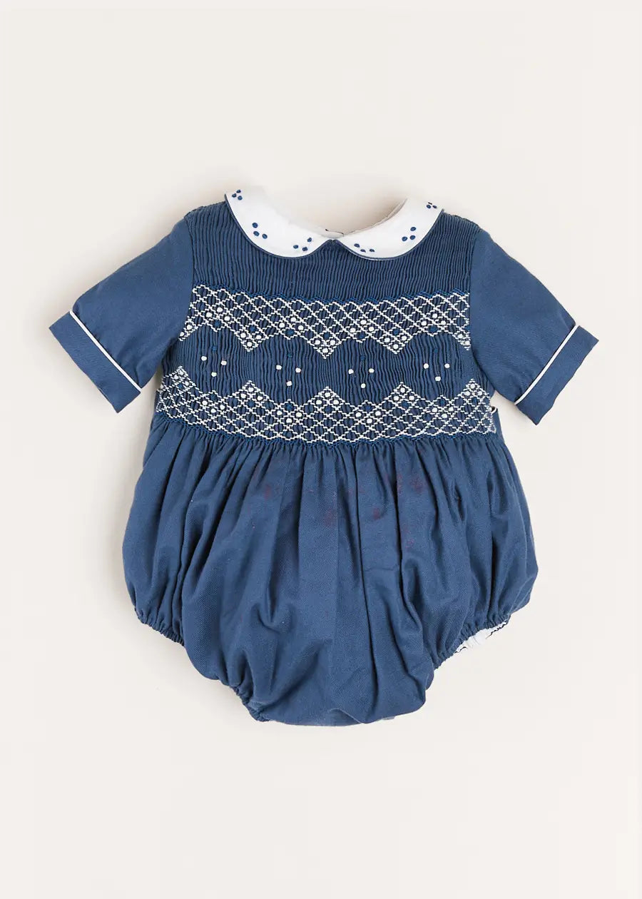 Hand Smocked Peter Pan Collar Short Sleeve Romper in Royal Blue (6mths-2yrs) Rompers  from Pepa London