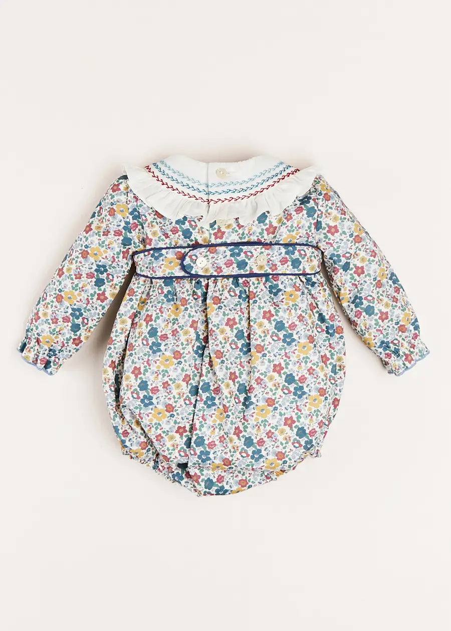 Emilia Floral Long Sleeve Romper in Burgundy (6mths-2yrs) Rompers  from Pepa London