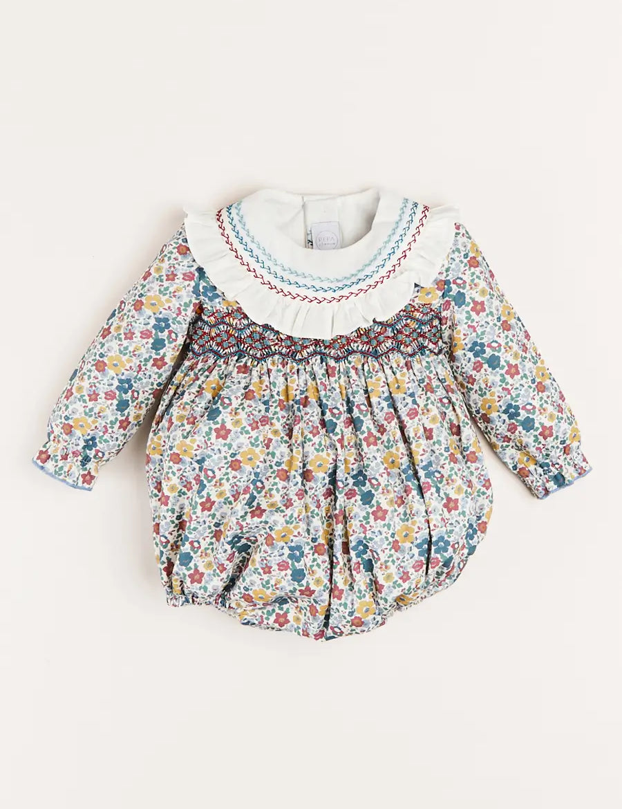 Emilia Floral Long Sleeve Romper in Burgundy (6mths-2yrs) Rompers  from Pepa London