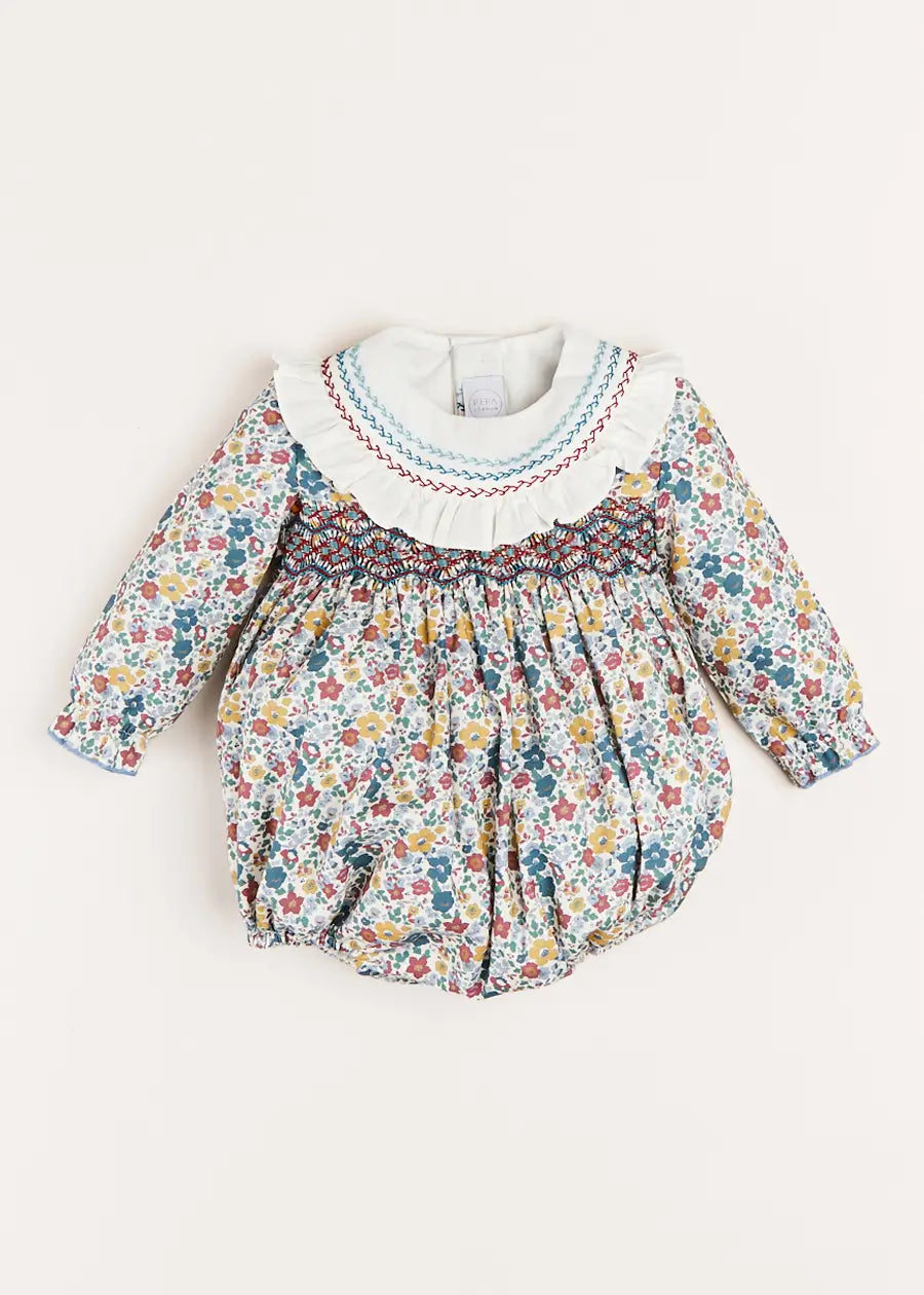 Emilia Floral Long Sleeve Romper in Burgundy (6mths-2yrs) Rompers  from Pepa London