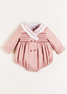 Handsmocked Double Breasted Long Sleeve Romper in Pink (6mths-2yrs) Rompers  from Pepa London