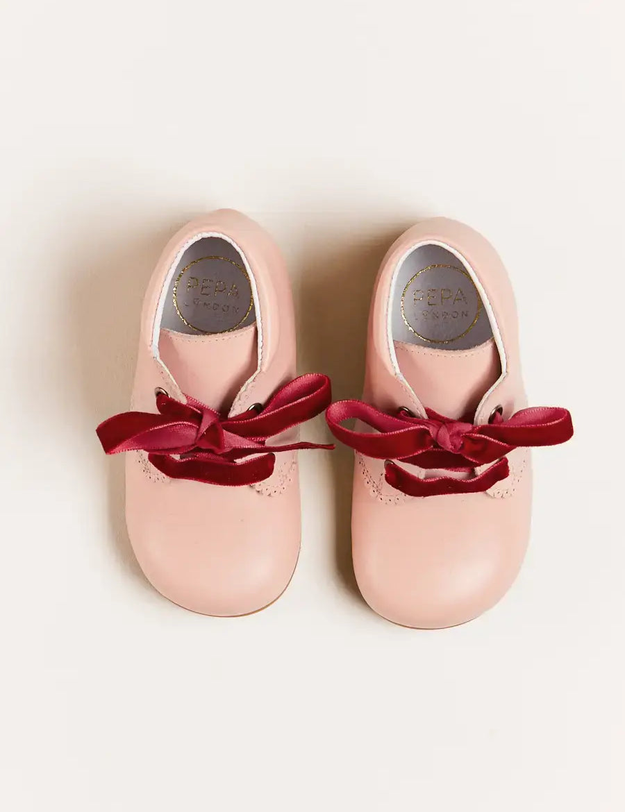 Velvet Ribbon Baby Booties in Pink (20-26EU) Shoes  from Pepa London