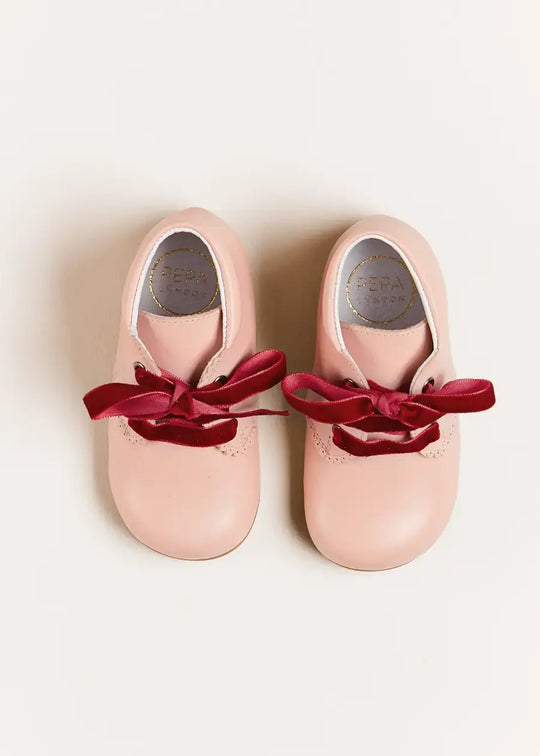 Velvet Ribbon Baby Booties in Pink Pepa London