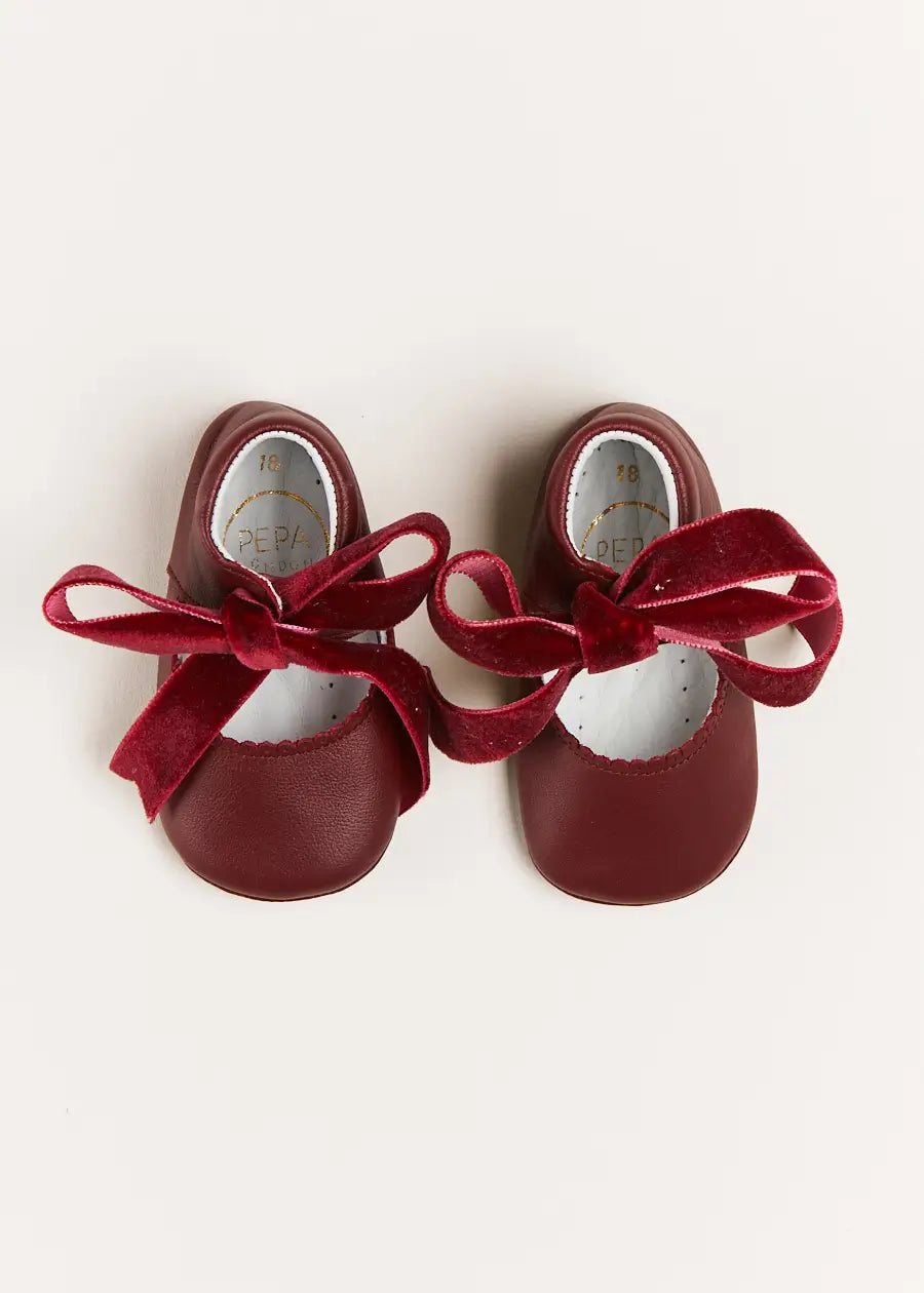 Leather Velvet Ribbon Pram Shoes in Burgundy (17-20EU) Shoes  from Pepa London