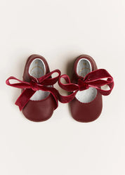 Leather Velvet Ribbon Pram Shoes in Burgundy (17-20EU) Shoes  from Pepa London