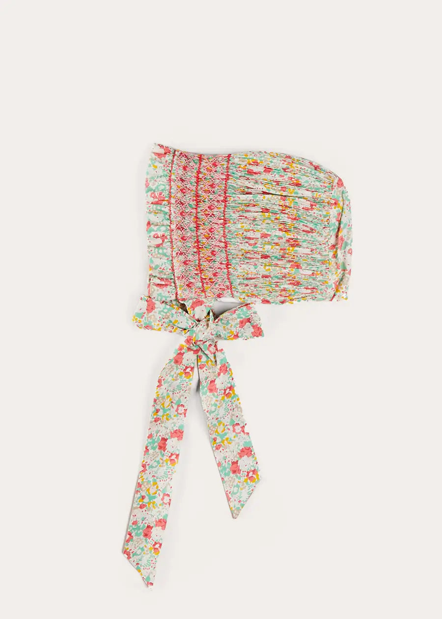 Clementine Floral Hand Smocked Bonnet in Coral (S-M) BONNETS from Pepa London