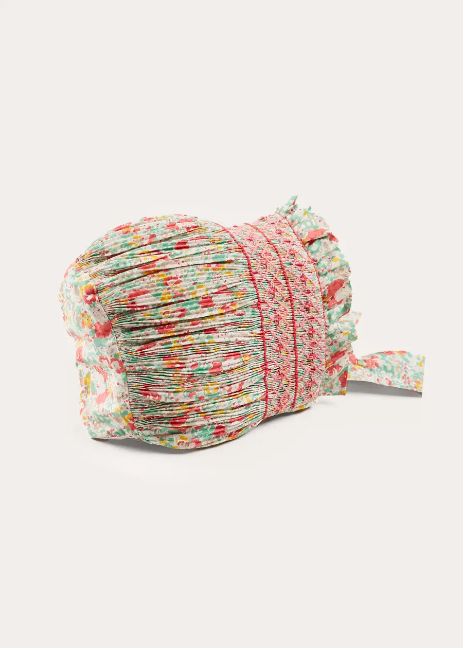 Clementine Floral Hand Smocked Bonnet in Coral (S-M) BONNETS from Pepa London