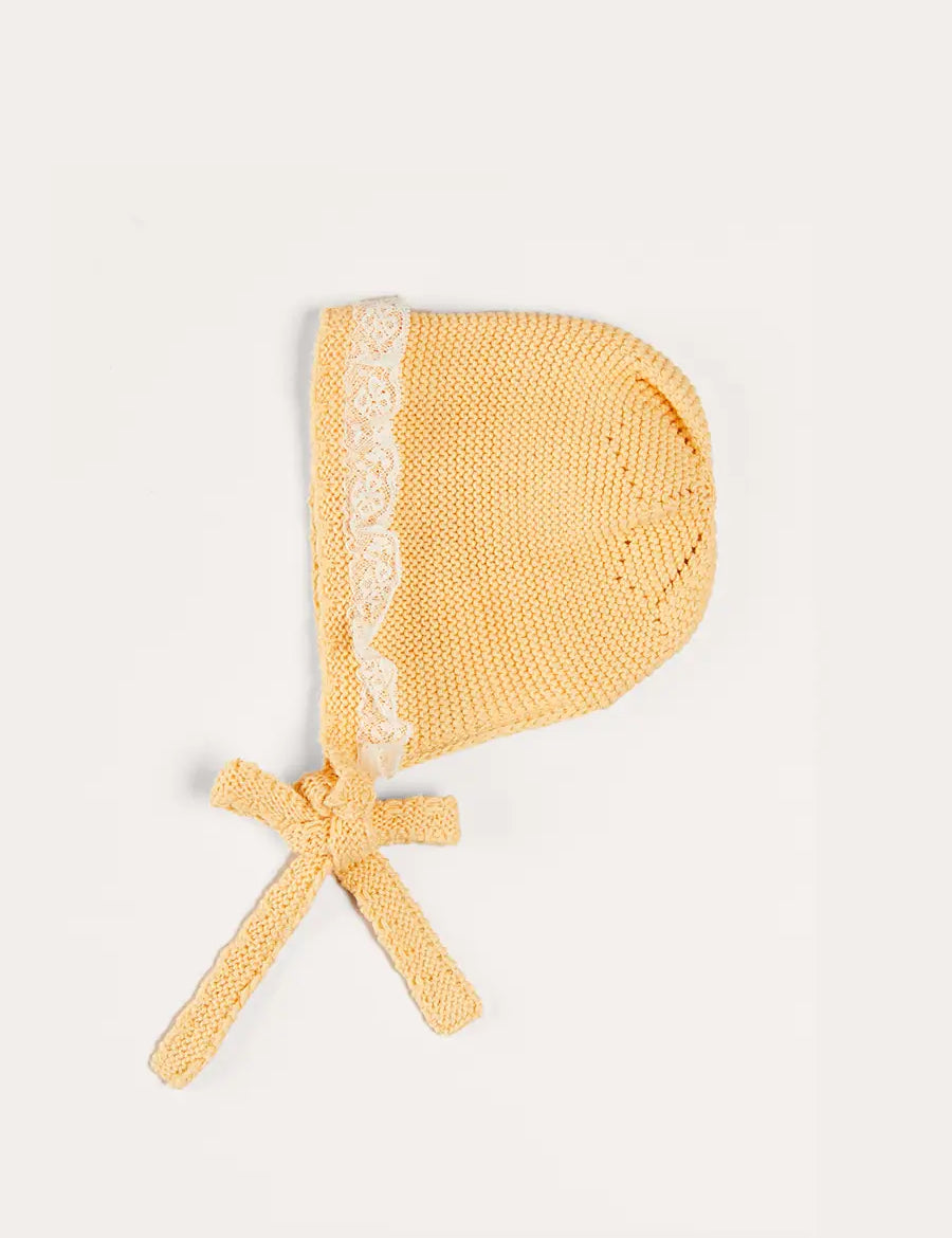 Lace Detail Knitted Bonnet in Tangerine (1-12mths) BONNETS from Pepa London