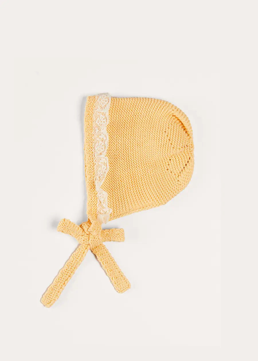 Lace Detail Knitted Bonnet in Tangerine (1-12mths) BONNETS from Pepa London