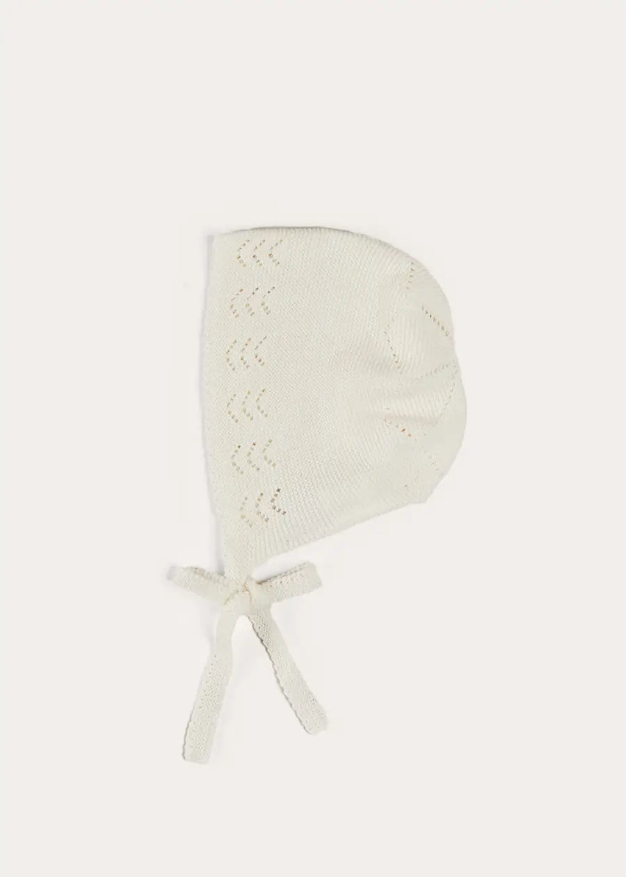 Openwork Cotton Knitted Bonnet in Cream (S-L) BONNETS from Pepa London