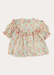 Clementine Floral Smock Detail Short Sleeve Blouse in Coral (2-12yrs) Blouses from Pepa London