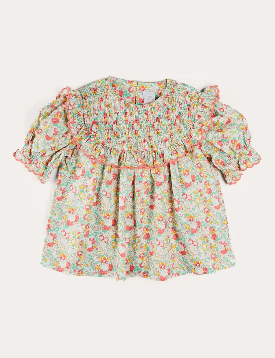 Clementine Floral Smock Detail Short Sleeve Blouse in Coral (2-12yrs) Blouses from Pepa London