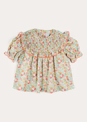 Clementine Floral Smock Detail Short Sleeve Blouse in Coral (2-12yrs) Blouses from Pepa London